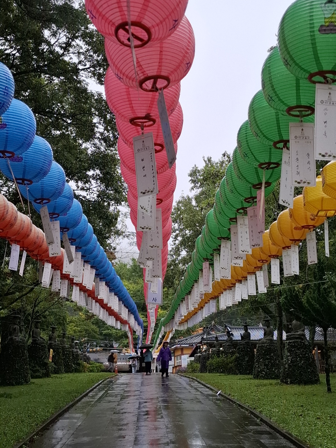 Gwaneumsa Temple with colorful lanterns in forest setting Jeju Island