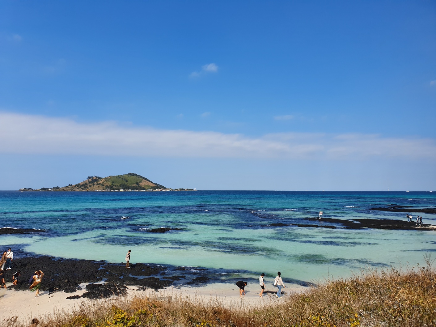 Hyeopjae Beach pristine white sand and clear shallow water in West Jeju