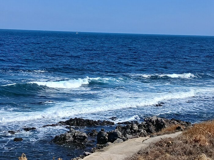 Jeju bright blue ocean cresting white tipped waves